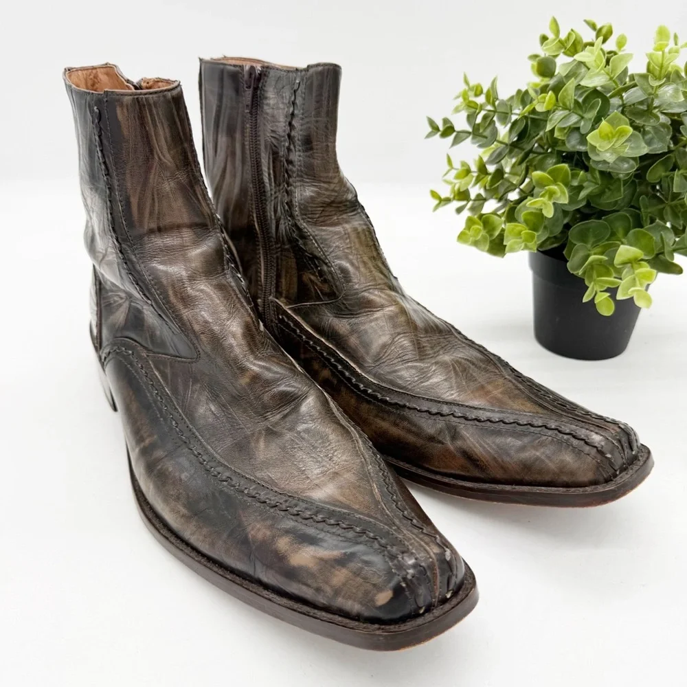 Bacco Bucci Brown Distressed Leather Western Ankle Boot Size 13 Square Toe